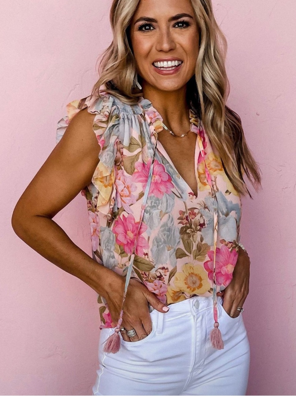 Olivaceous Floral Ruffle Sleeve Blouse in Pastel Pink